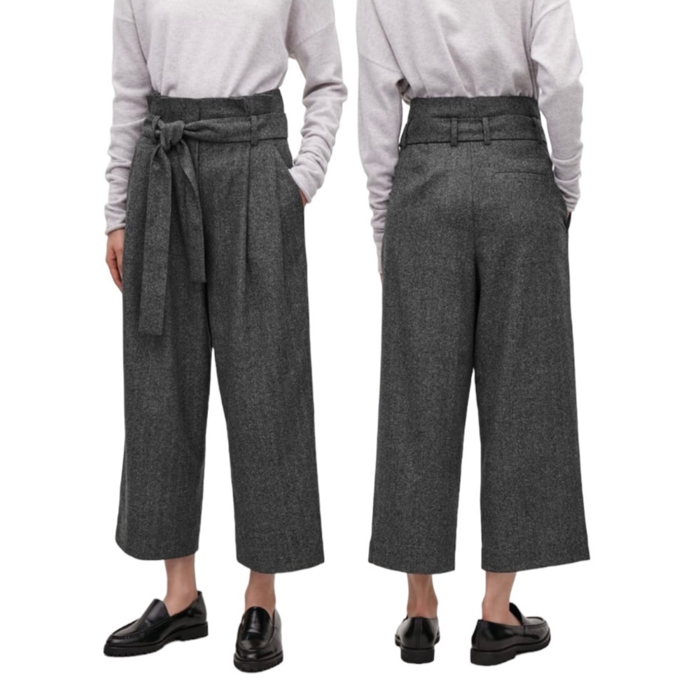 COS Herringbone Gray Wide Leg Belted Tie-Waist Cropped Wool Trouser Pant Size 2